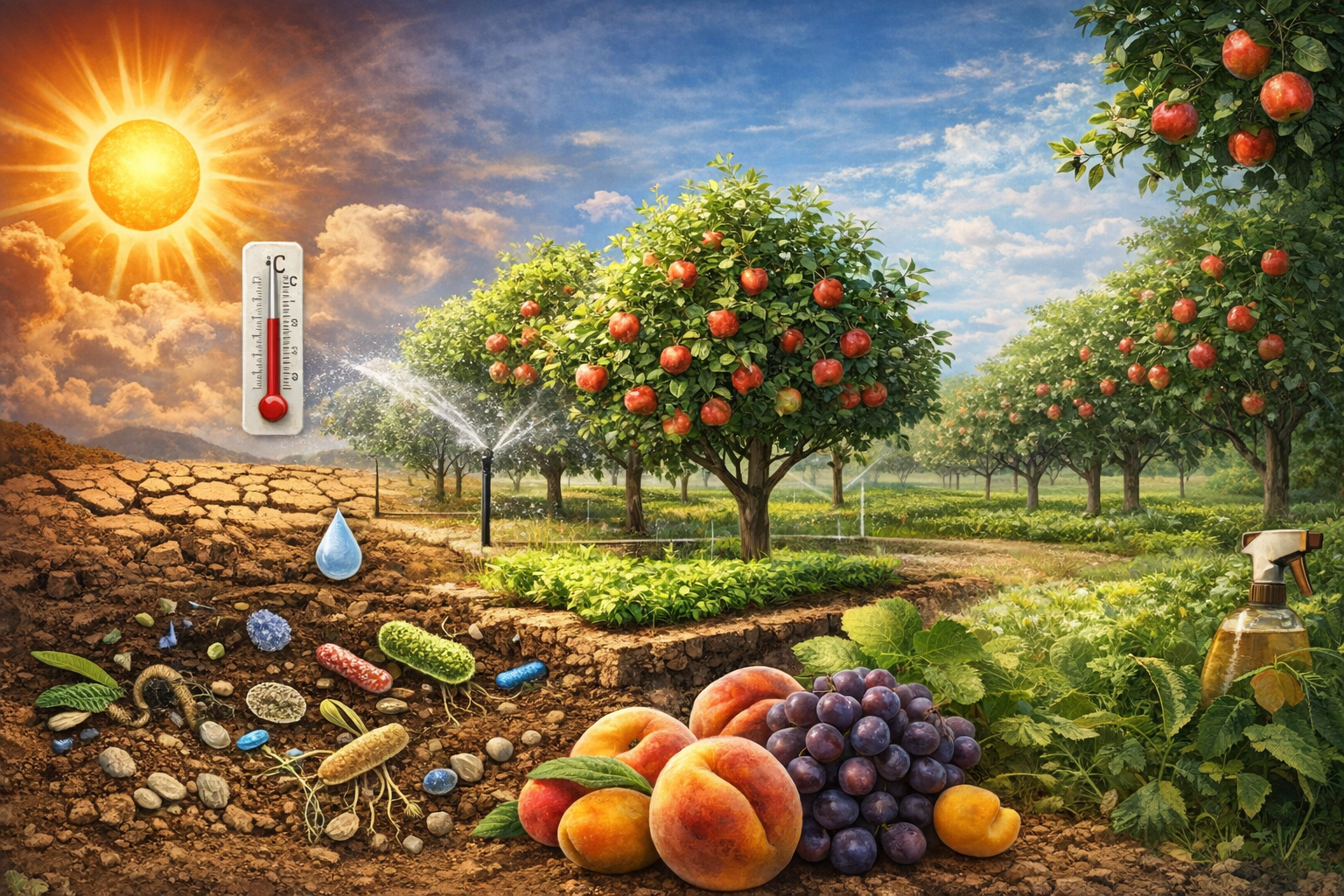 Huerto frutal en verano mostrando contraste entre altas temperaturas y d&eacute;ficit h&iacute;drico frente a un manejo eficiente con riego, suelo activo y bioestimulaci&oacute;n para proteger la producci&oacute;n y calidad de la fruta.